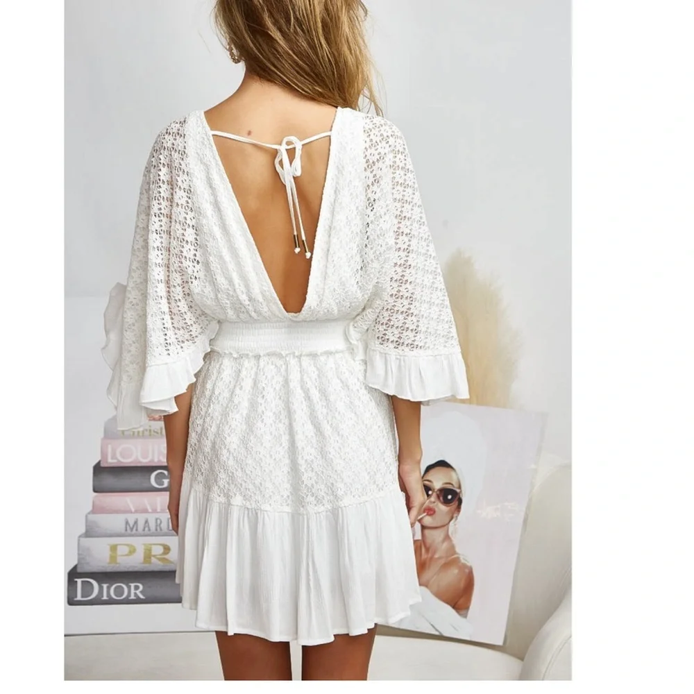 838. LAST 1! Bibi Lace Bohemian White CLEARANCE button flutter dress romper - Picture 5 of 8